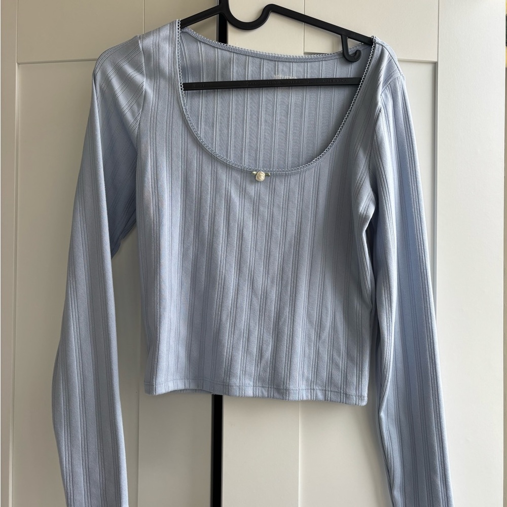 Hollister Light Blue Scoop Neck Long Sleeve Ribbed Top